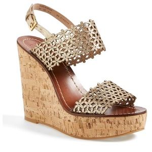 Tory Burch Gold Daisy Platform Wedge Size 8